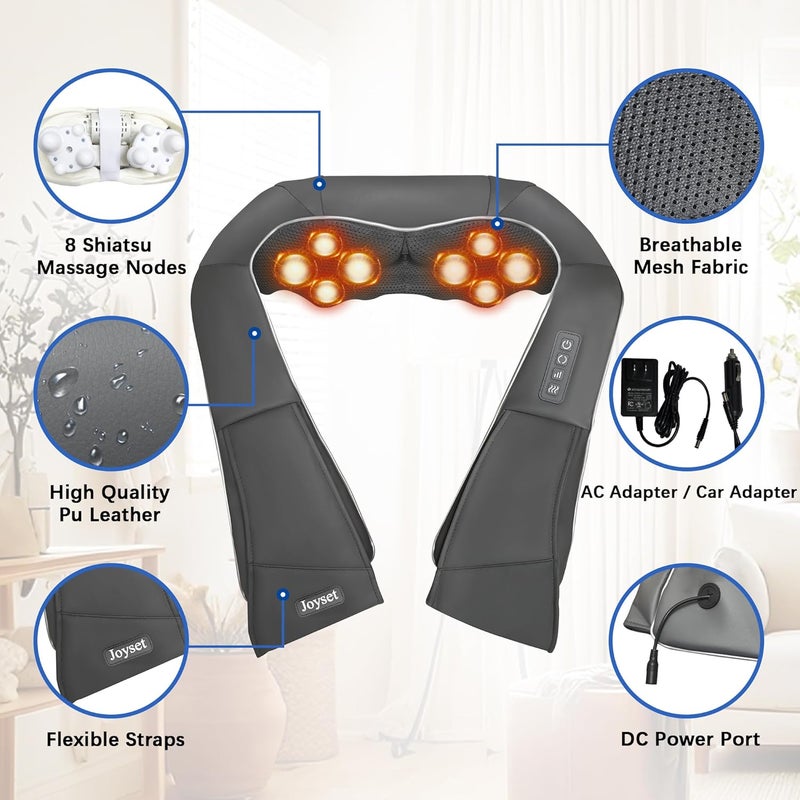 Joyset Shiatsu Neck and Back Massager with Heat,Electric Shoulder Massager for Pain Relief Deep Tissue,3D Kneading Massage with Cloth Cover Easy to Clean Best Gift for Men Women Parents (Gray) - Image 3
